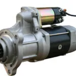 Truck starter motor assembly with cylindrical solenoid and gear drive components