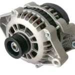 Automotive alternator with silver cast aluminum housing, black pulley, and visible copper windings