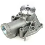 Cast metal water pump assembly with pulley, housing, and outlet port on white background