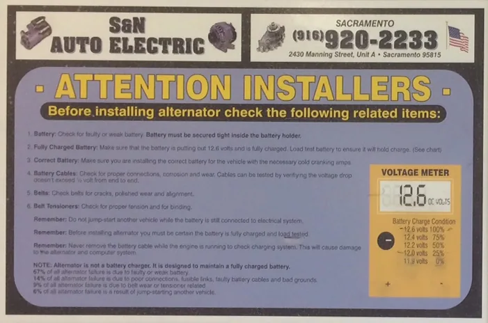 Auto electrical service instruction card with checklist for alternator installation and voltage meter reference chart